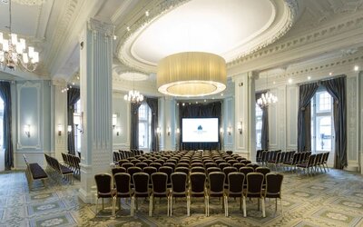 Elegant banquet hall with decorative chandeliers at The Midland - A Leonardo Royal Hotel.
