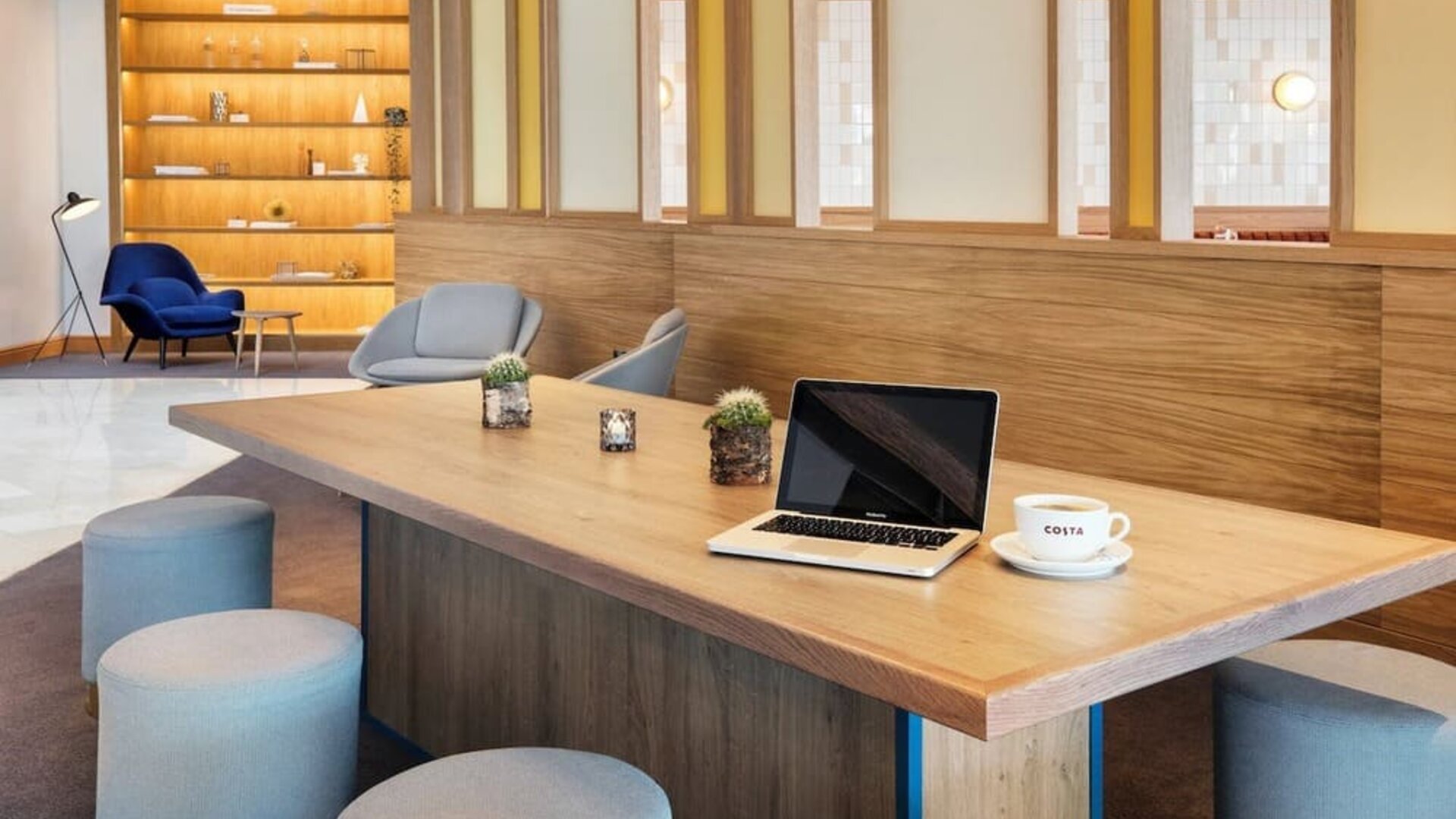 Lobby and coworking lounge at Leonardo Hotel Liverpool.