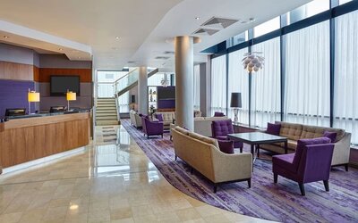 Lobby and coworking lounge at Leonardo Hotel Milton Keynes.