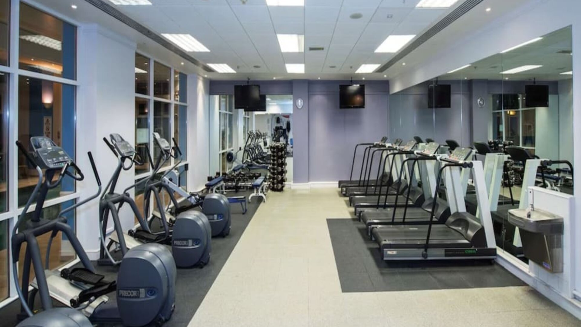 Fully equipped fitness center at DoubleTree by Hilton Dartford Bridge.