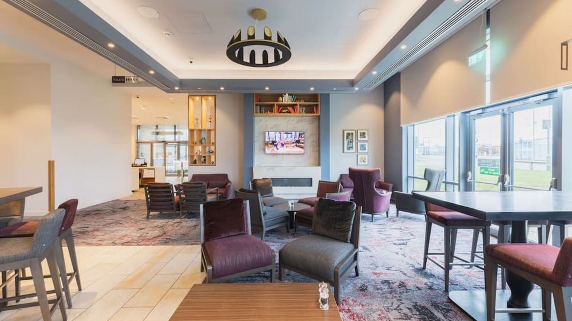 Lobby and coworking lounge at Hilton Garden Inn Birmingham Airport.