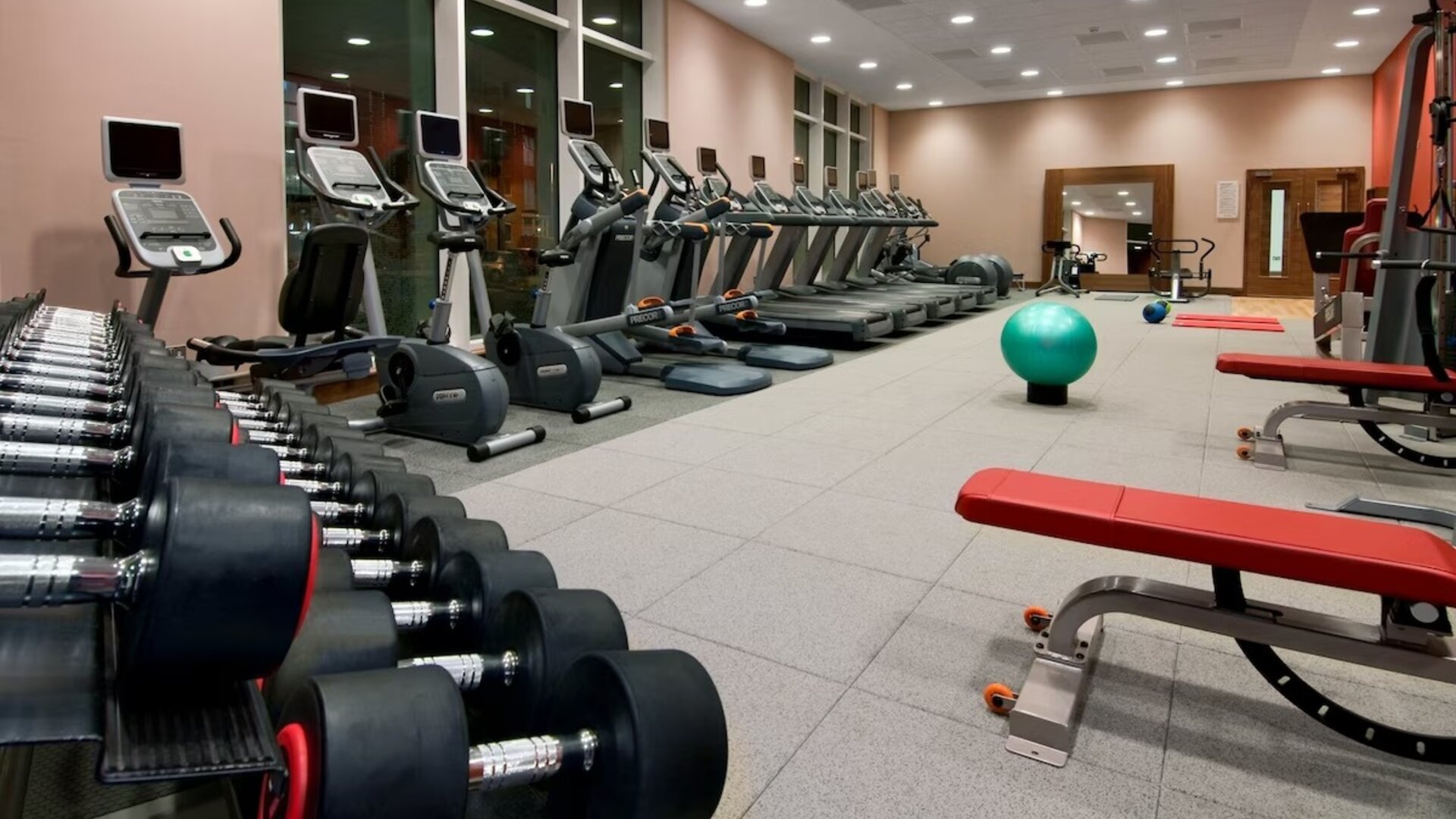 Fitness center with treadmills and machines at the Hilton Reading.