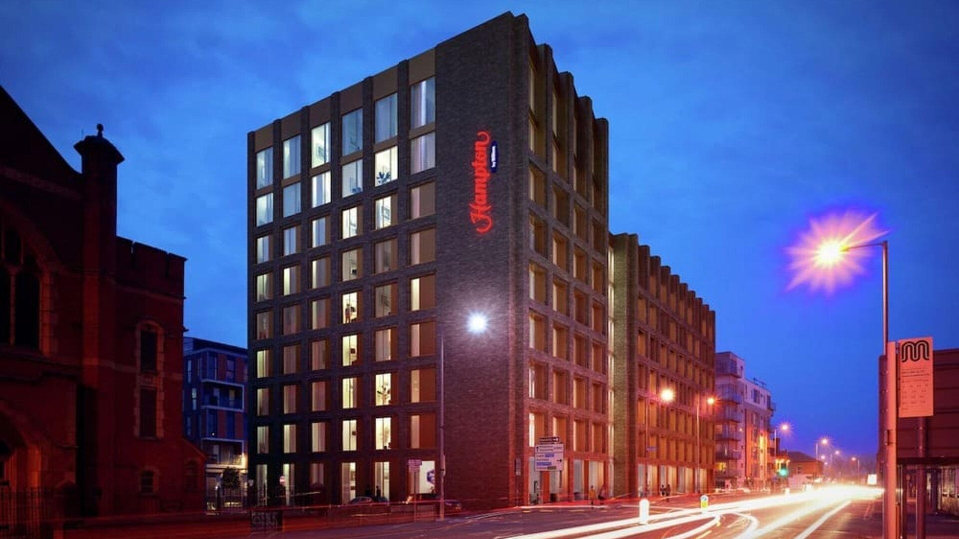Hotel exterior and landmark at the Hampton by Hilton Manchester Northern Quarter.