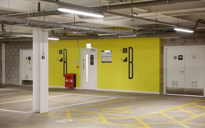 Hotel parking area at the Hampton by Hilton Manchester Northern Quarter.