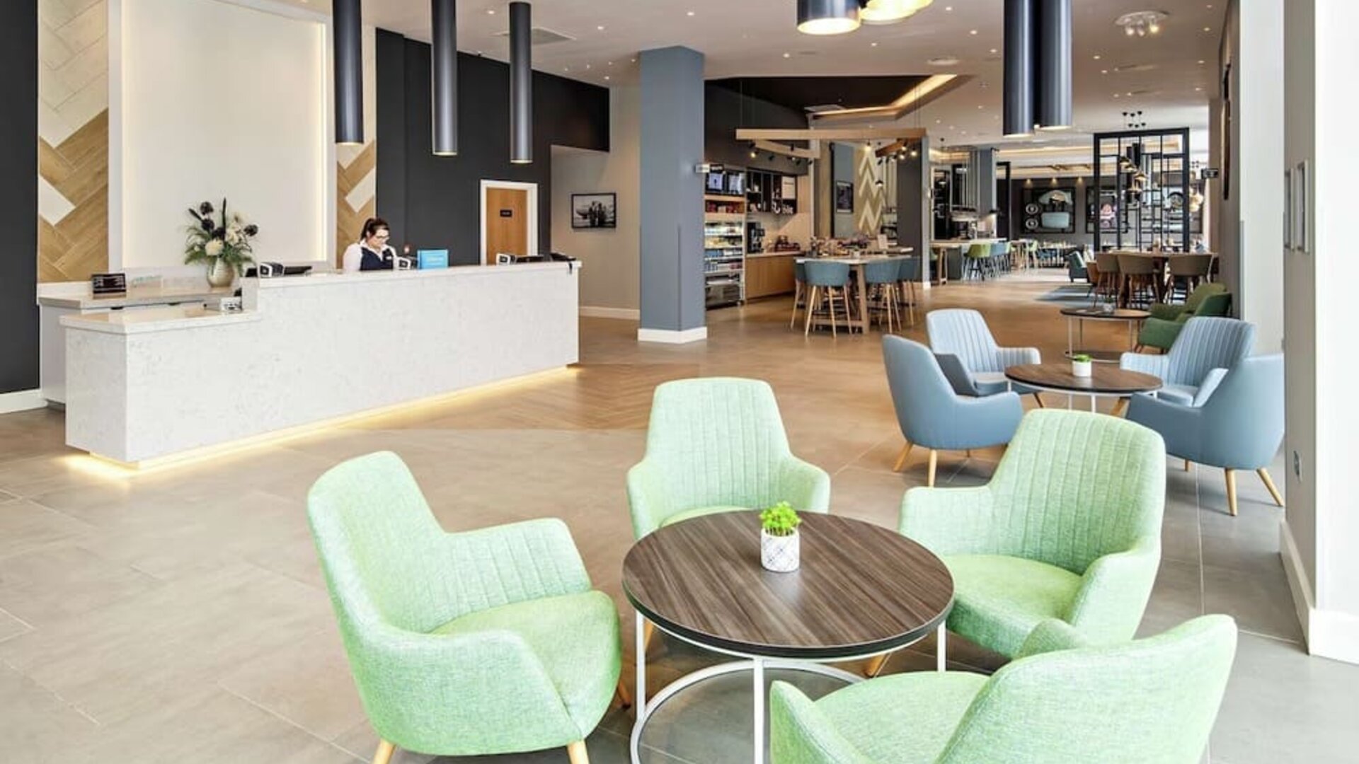 Lobby and coworking lounge at Hilton Garden Inn Abingdon Oxford.