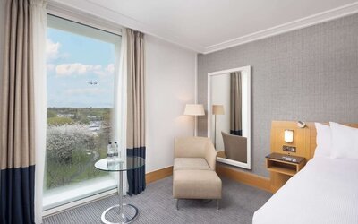 Day use room with lounge area at the Hilton London Gatwick Airport.