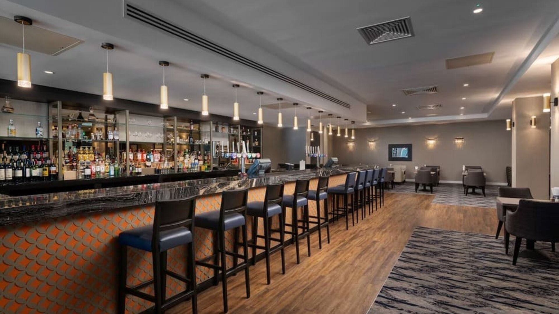 Hotel bar with lounge area at the Hilton London Gatwick Airport.