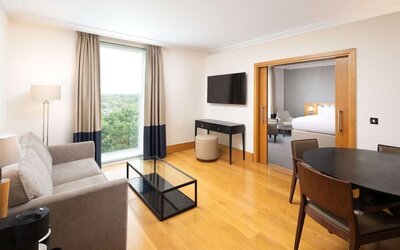 Family day use room with living room at the Hilton London Gatwick Airport.