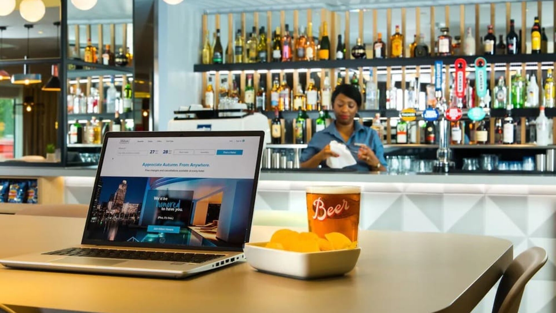 Hotel bar perfect for coworking at Hampton By Hilton London Park Royal.