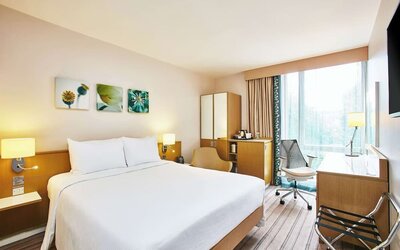 Bright hotel room with working station at the Hilton Garden Inn Birmingham Brindleyplace.