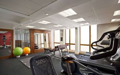 Fitness center with treadmills, machines and equipment at the Hilton Garden Inn Birmingham Brindleyplace.