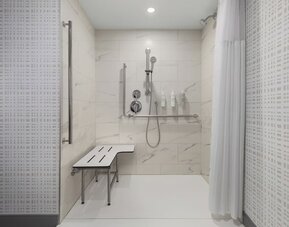 Accessible roll-in shower with grab bars, fold-down seat, and handheld showerhead at Hampton Inn By Hilton Montreal East Anjou.