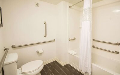 Accessible bathroom with bathtub, grab bars, and mobility-friendly layout at Hampton Inn & Suites Orlando at SeaWorld.