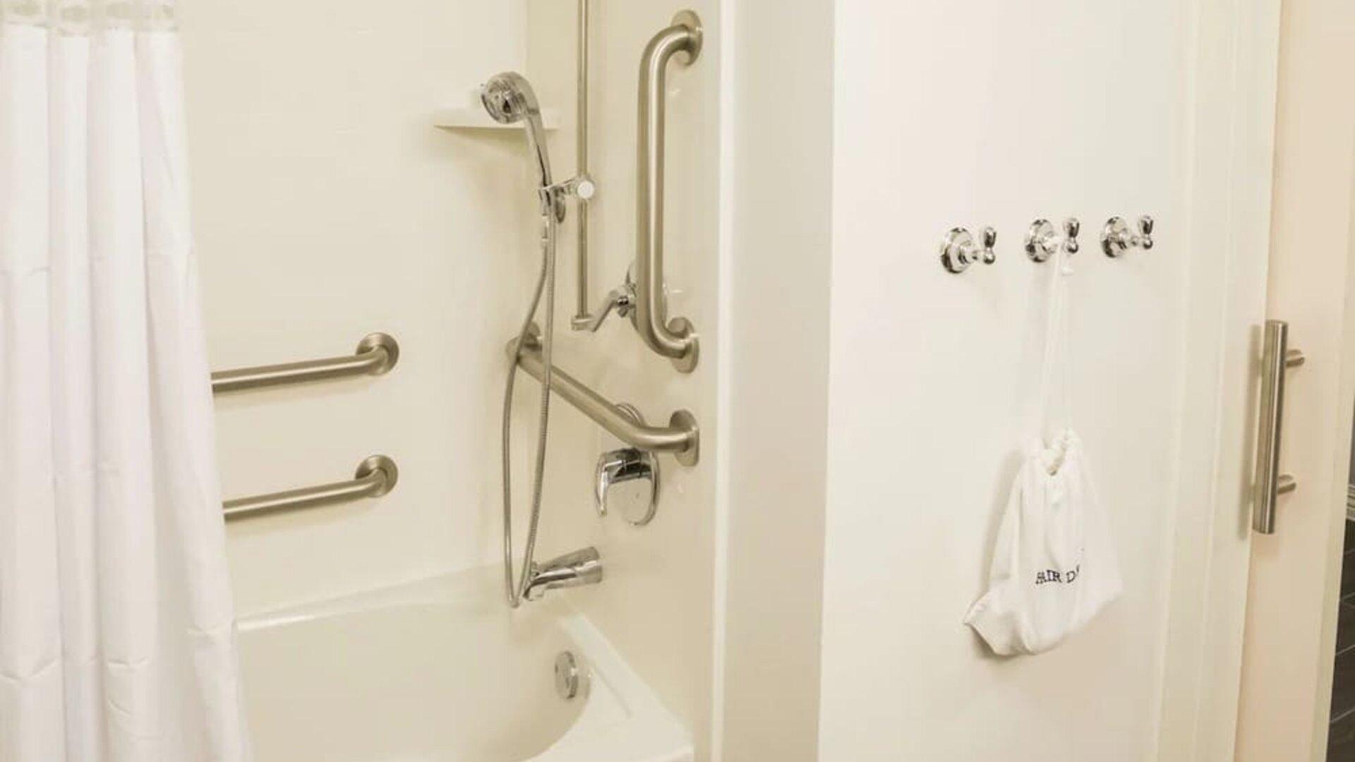Accessible bathroom with bathtub, grab bars, handheld showerhead, and mobility-friendly features at Hampton Inn & Suites Orlando at SeaWorld.