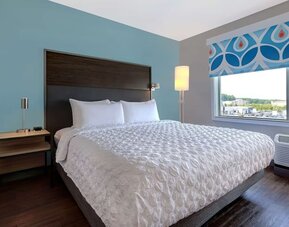 King guest room with natural light, comfortable bedding, and scenic window views at Tru By Hilton Lithia Springs.