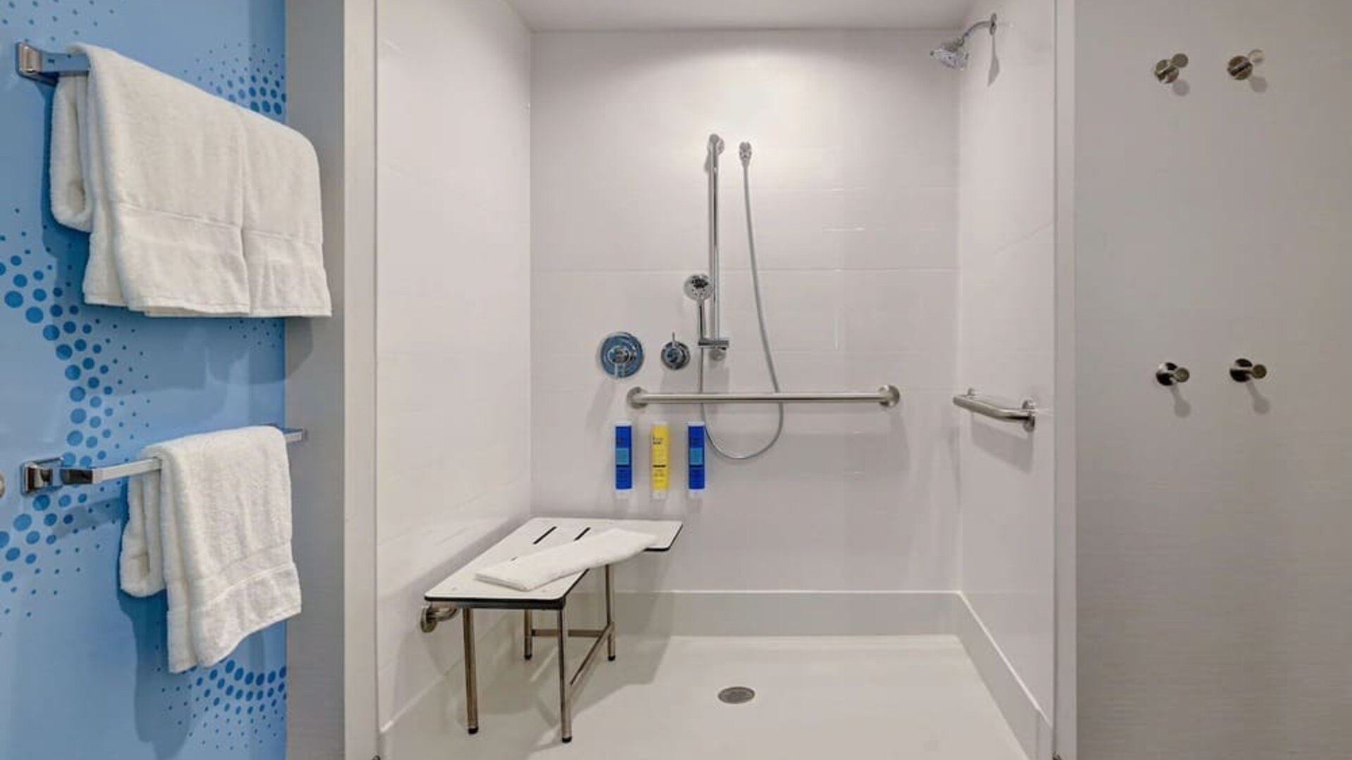 Accessible roll-in shower with grab bars, shower seat, and modern fixtures at Tru By Hilton Lithia Springs.