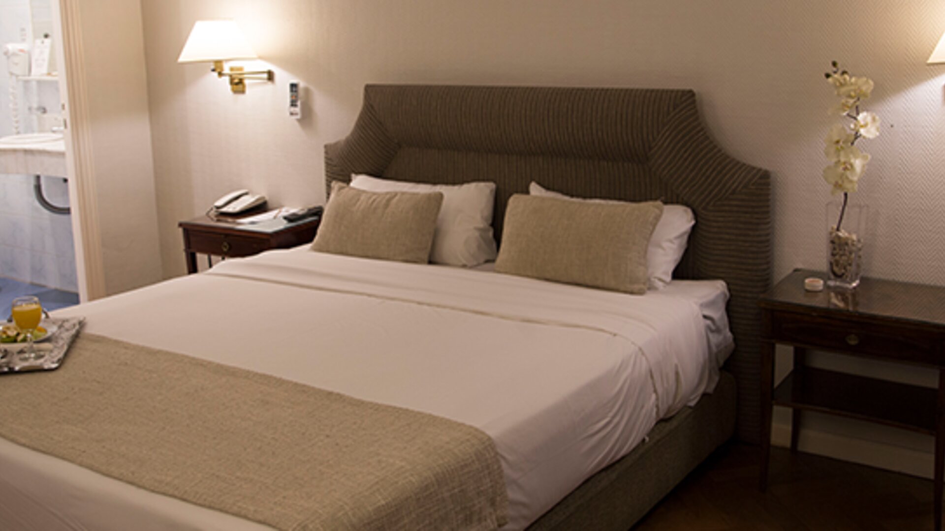 Comfortable king guest room featuring plush bedding, bedside lighting, elegant furnishings, and a spacious layout designed for rest and relaxation at Hotel Lafayette.