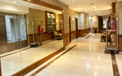 Elegant lobby corridor with marble flooring, mirrored walls, comfortable seating areas, and luggage carts providing a welcoming arrival experience at Hotel Lafayette.