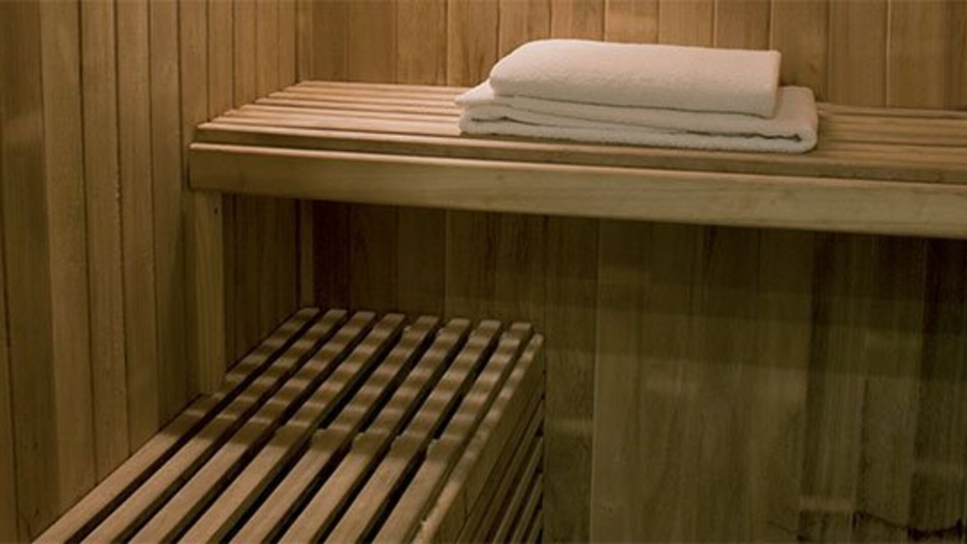 Traditional wooden sauna offering a relaxing wellness experience with tiered seating and a warm, inviting atmosphere at Hotel Lafayette.