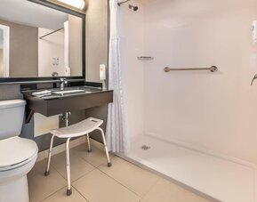 Accessible guest bathroom featuring a roll-in shower, grab bars and convenient accessibility features at Comfort Inn Laval.