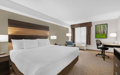 Comfortable king guest room with workspace, armchair and modern amenities at Days Inn & Suites By Wyndham Lindsay.