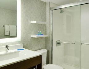 Contemporary bathroom with glass-enclosed shower, illuminated mirror and sleek vanity at Holiday Inn Express Toronto Downtown.