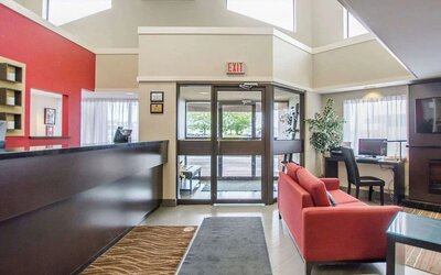 Welcoming hotel entrance and lobby featuring contemporary décor and convenient guest services at Comfort Inn Amherst.