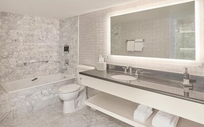 Spacious marble guest bathroom featuring a soaking tub, illuminated vanity, premium bath amenities, and modern finishes at Hyatt Centric Delfina Santa Monica.