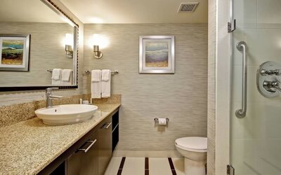Modern accessible bathroom with a walk-in glass shower, granite vanity, and premium amenities at Fairfield Inn & Suites Guelph.