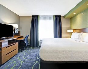 Contemporary king guest room with a work desk, flat-screen TV, and comfortable bedding at Fairfield Inn & Suites Guelph.