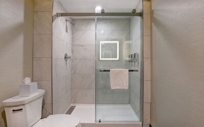 Modern walk-in shower with glass enclosure and premium bath amenities at Four Points by Sheraton St. Catharines Niagara Suites.