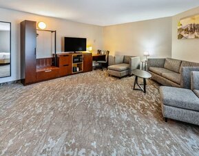 Spacious suite featuring a comfortable seating area, work desk, HDTV, and modern furnishings at Comfort Inn Sudbury Regent Street.