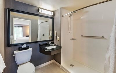 Accessible guest bathroom with a roll-in shower, grab bars, granite vanity, and fresh towels at Comfort Inn Sudbury Regent Street.