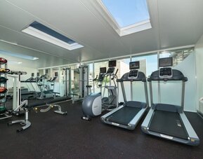 Fitness center featuring treadmills, strength equipment, and free weights at Holiday Inn Express Edmonton Downtown, an IHG Hotel.