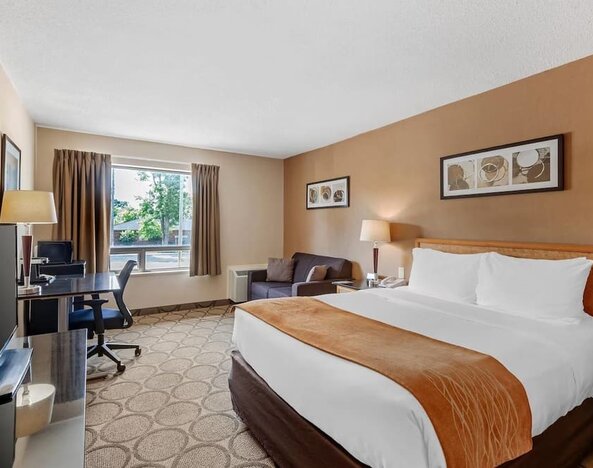 Spacious room with a king bed, sofa, and work desk at Comfort Inn Brantford.