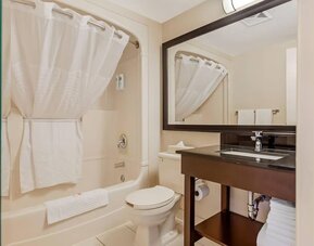 Guest bathroom with a shower and granite vanity at Comfort Inn Brantford.