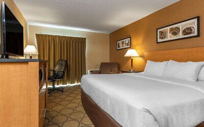 King guest room with a workspace and mini fridge at Comfort Inn Sept-Iles.
