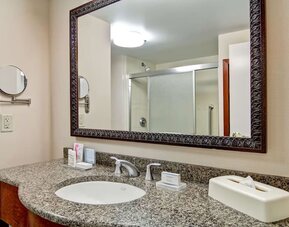 Guest bathroom with a granite vanity and walk-in shower at Hampton Inn & Suites By Hilton Guelph.