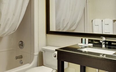 Guest bathroom with a bathtub, vanity, and large mirror at Comfort Inn Brandon.