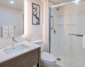 Guest bathroom with a walk-in shower and vanity at Comfort Inn Belleville.