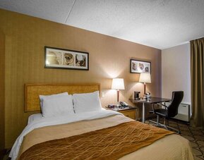 Guest room with a queen bed and work desk at Comfort Inn Swift Current.