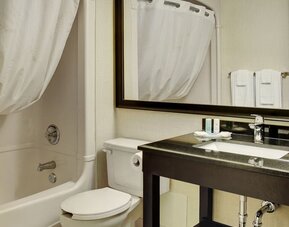 Guest bathroom with a bathtub, shower, and vanity at Comfort Inn Swift Current.