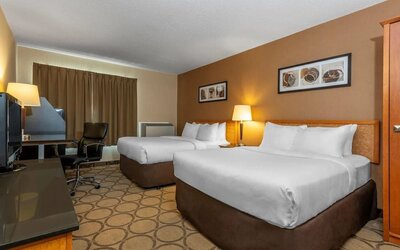 Spacious guest room with two queen beds and modern furnishings at Comfort Inn Swift Current.