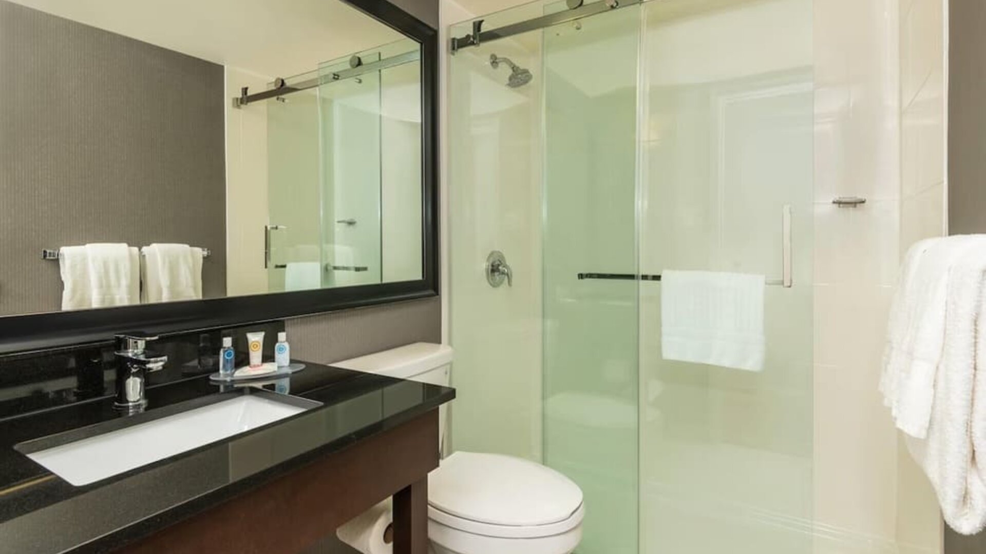 Guest bathroom with a glass walk-in shower and granite vanity at Comfort Inn Ottawa East.