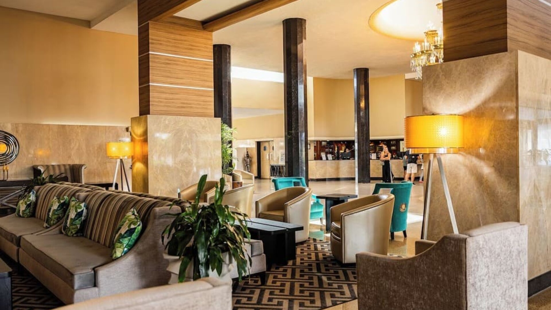 Hotel lobby lounge with comfortable seating at Sherry Frontenac Oceanfront Hotel.