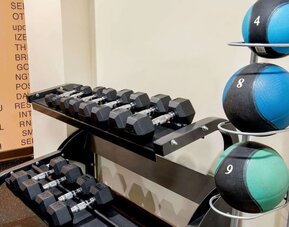 Fitness center with free weights and medicine balls at La Quinta Inn & Suites By Wyndham 