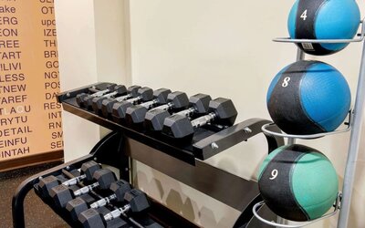 Fitness center with free weights and medicine balls at La Quinta Inn & Suites By Wyndham 