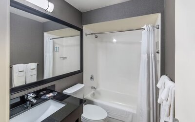 Guest bathroom with a shower and bathtub at Comfort Inn Saskatoon.