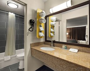 Bathroom with granite vanity, bathtub and shower combination, large mirror and open sink area at Quality Inn Yemassee - Point South I-95.