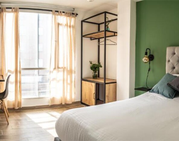 Guest room at 103 Wonderful House featuring a comfortable bed, green accent wall, workspace and large windows with natural light.